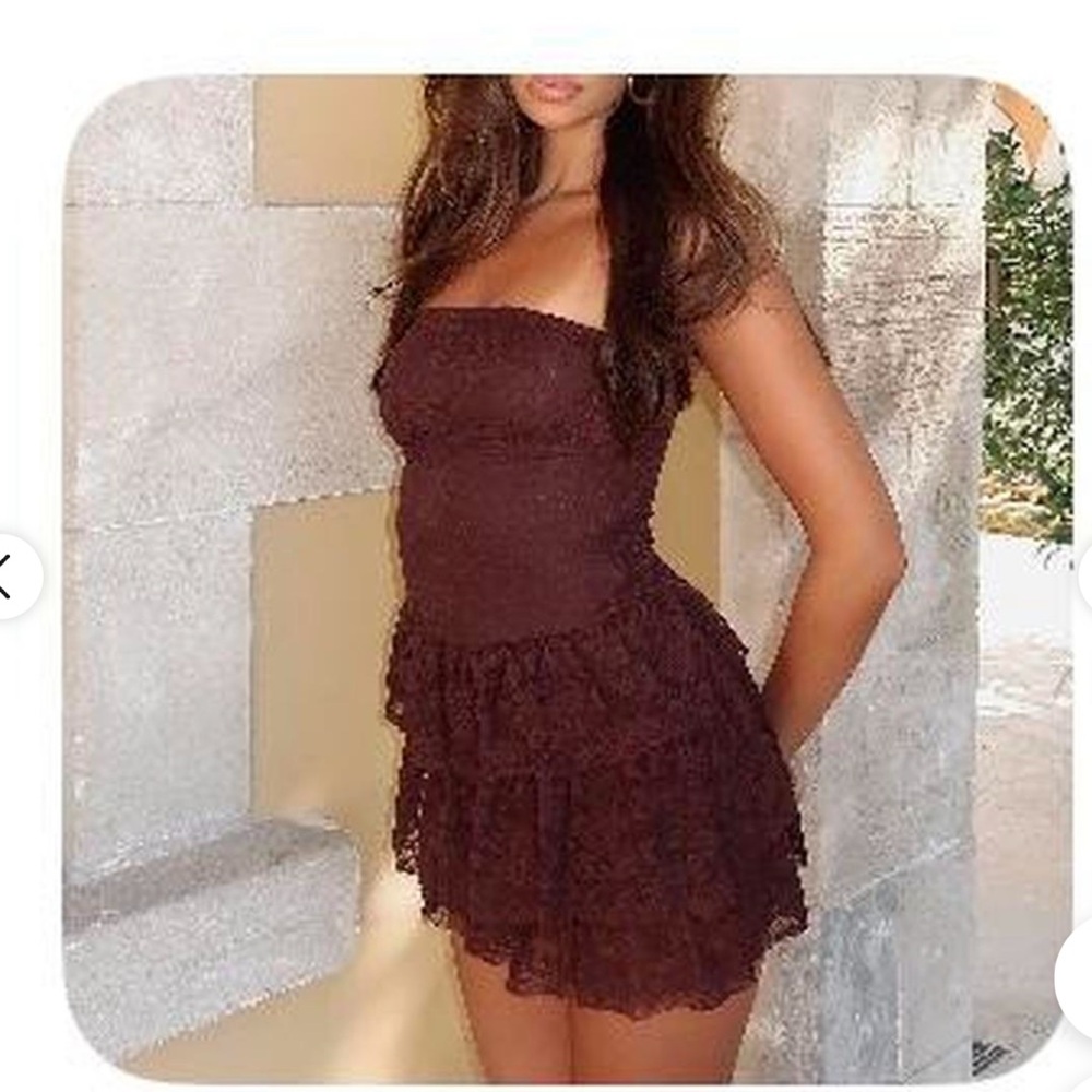 NWT White Fox Boutique New Idea Chocolate Brown Lace Ruffle Mini Dress Sz S - Picture 3 of 3